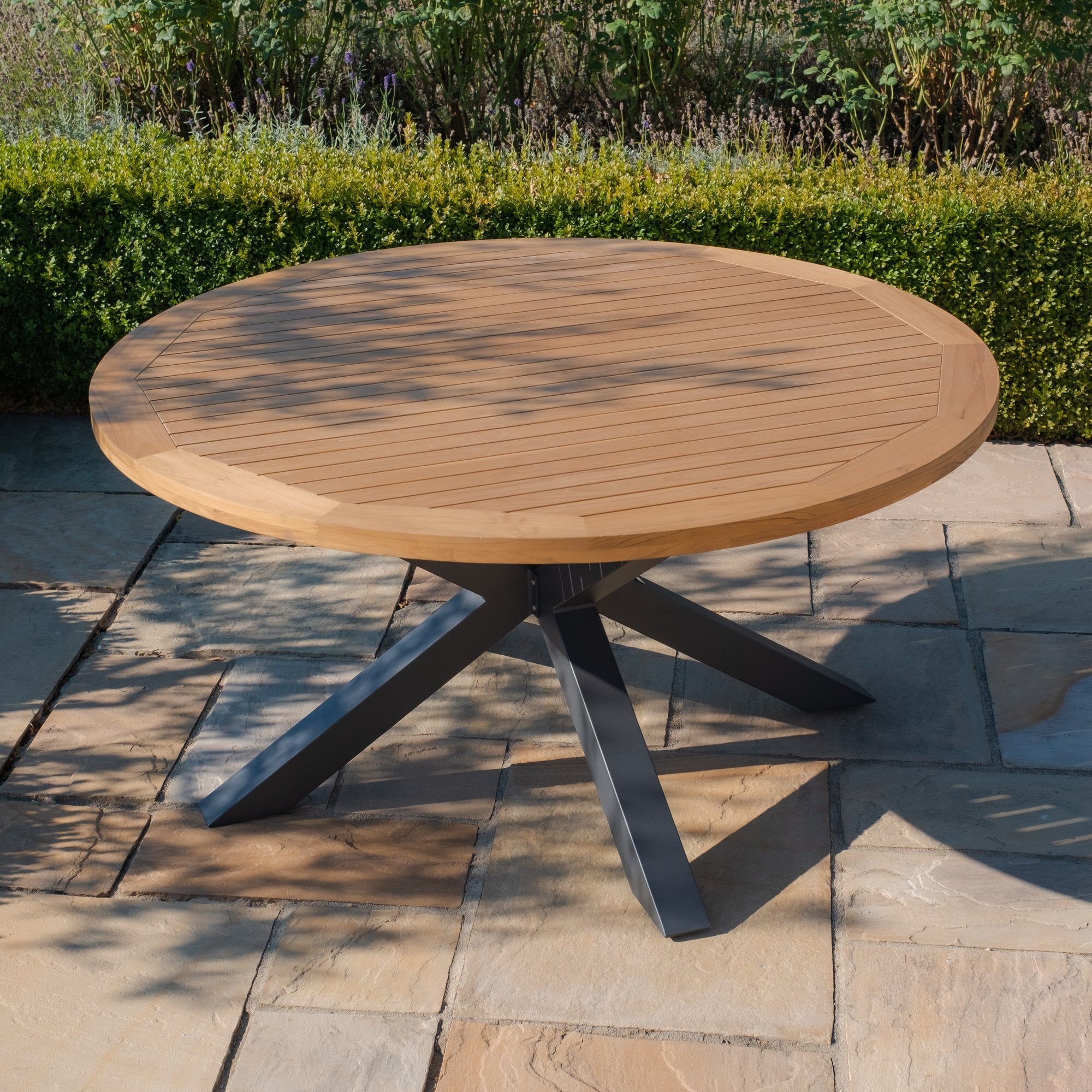 Maze - Jakarta Teak Round Dining Table with 6 Outdoor Fabric Ambition Oatmeal or Sage Green Dining Chairs