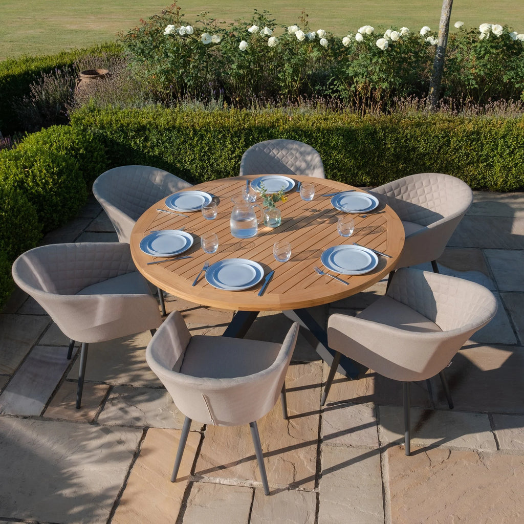 Maze - Jakarta Teak Round Dining Table with 6 Outdoor Fabric Ambition Oatmeal or Sage Green Dining Chairs