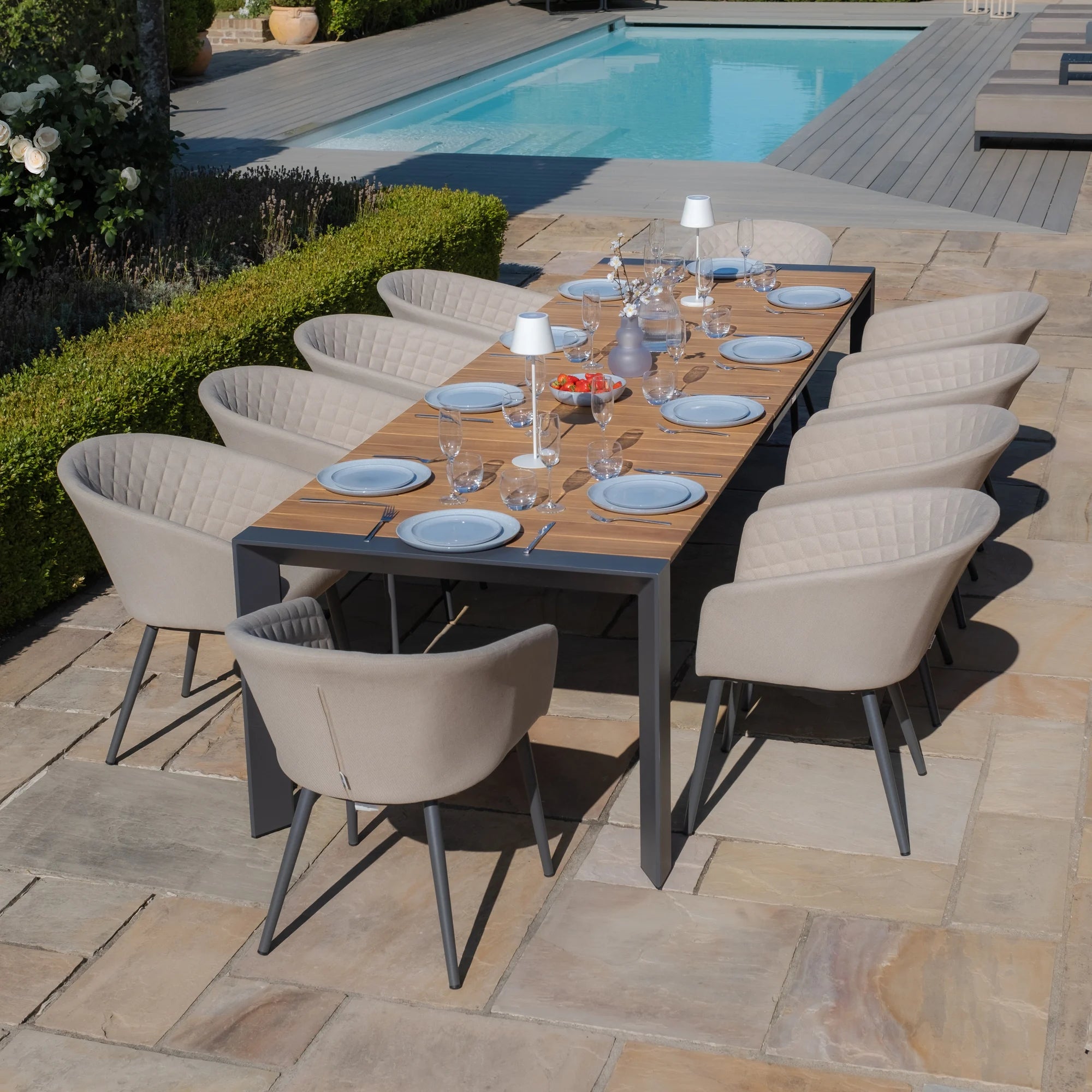 Maze - Jakarta Teak Extending 6 - 10 Seat Rectangular Dining Table with 10 Outdoor Fabric Ambition Sage Green or Oatmeal Dining Chairs