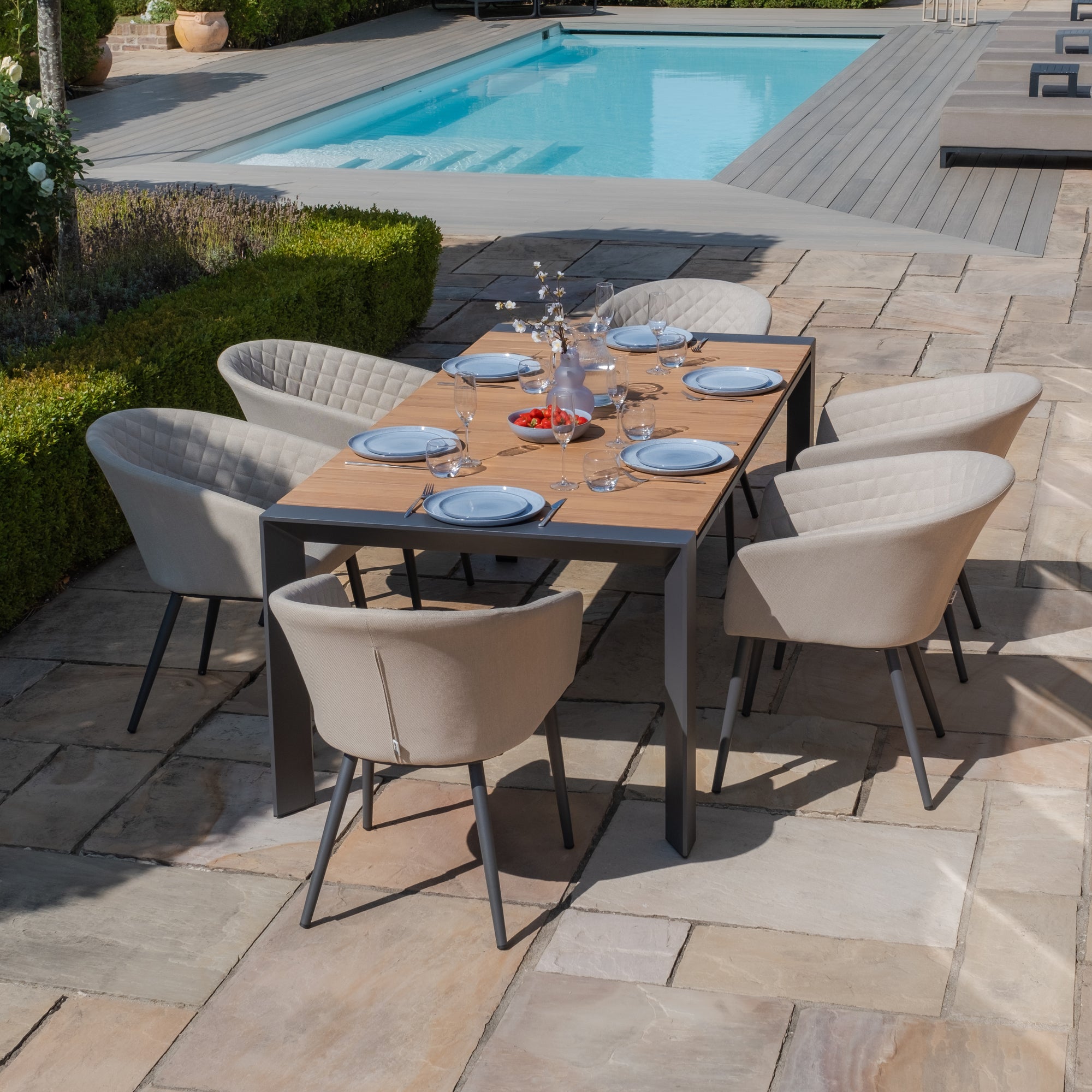 Maze - Jakarta Teak Extending 6 - 10 Seat Rectangular Dining Table with 10 Outdoor Fabric Ambition Sage Green or Oatmeal Dining Chairs