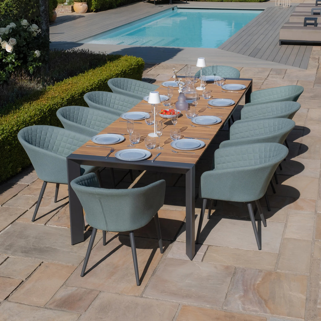 Maze - Jakarta Teak Extending 6 - 10 Seat Rectangular Dining Table with 10 Outdoor Fabric Ambition Sage Green or Oatmeal Dining Chairs