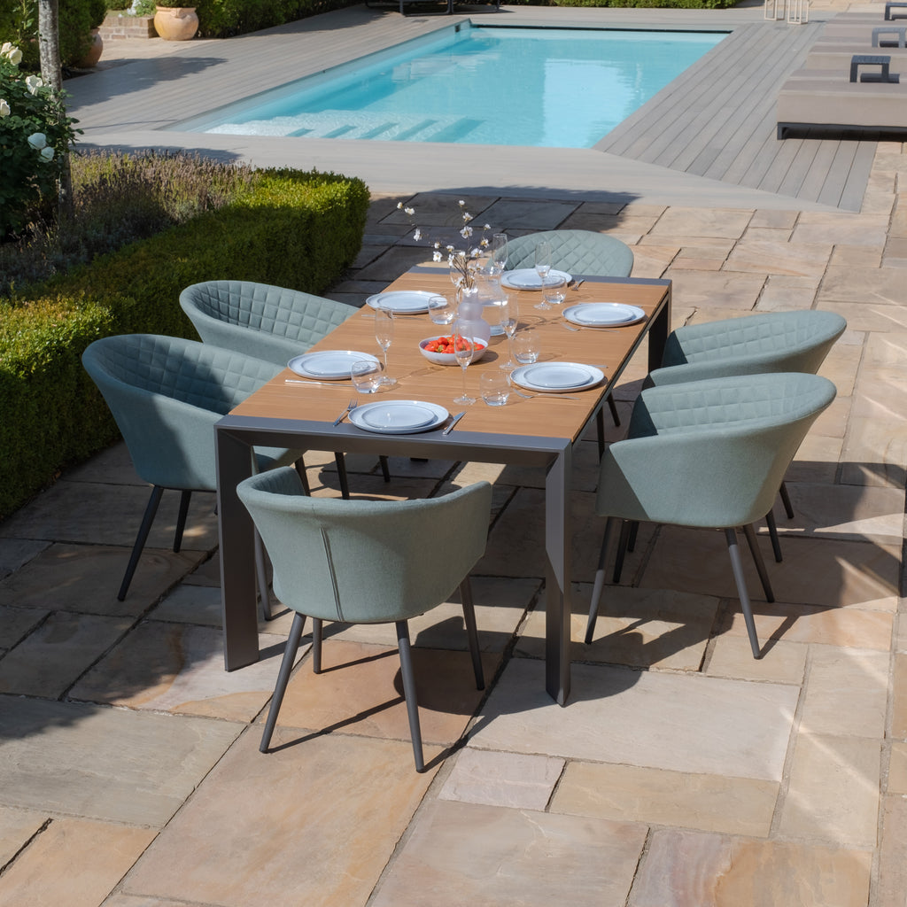 Maze - Jakarta Teak Extending 6 - 10 Seat Rectangular Dining Table with 10 Outdoor Fabric Ambition Sage Green or Oatmeal Dining Chairs