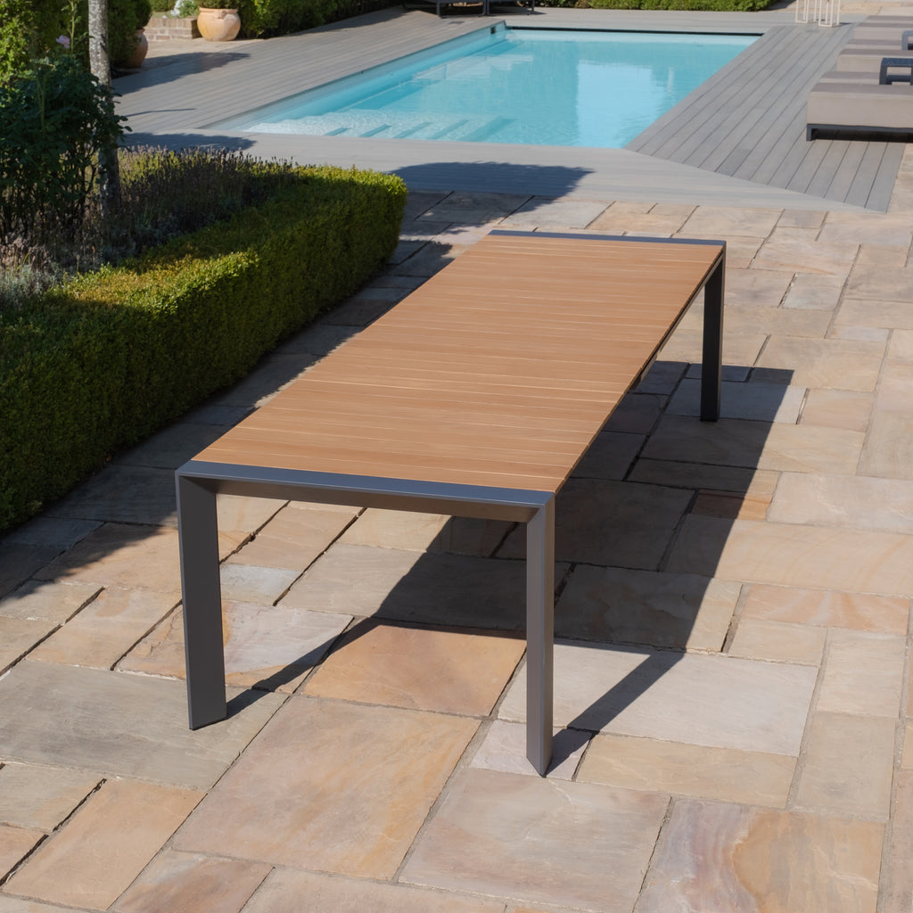 Maze - Jakarta Teak Extending 6 - 10 Seat Rectangular Dining Table with 10 Outdoor Fabric Ambition Sage Green or Oatmeal Dining Chairs