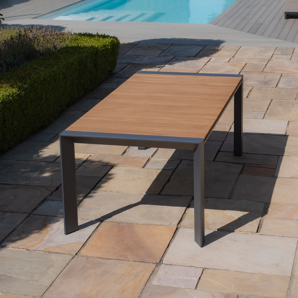 Maze - Jakarta Teak Extending 6 - 10 Seat Rectangular Dining Table with 10 Outdoor Fabric Ambition Sage Green or Oatmeal Dining Chairs