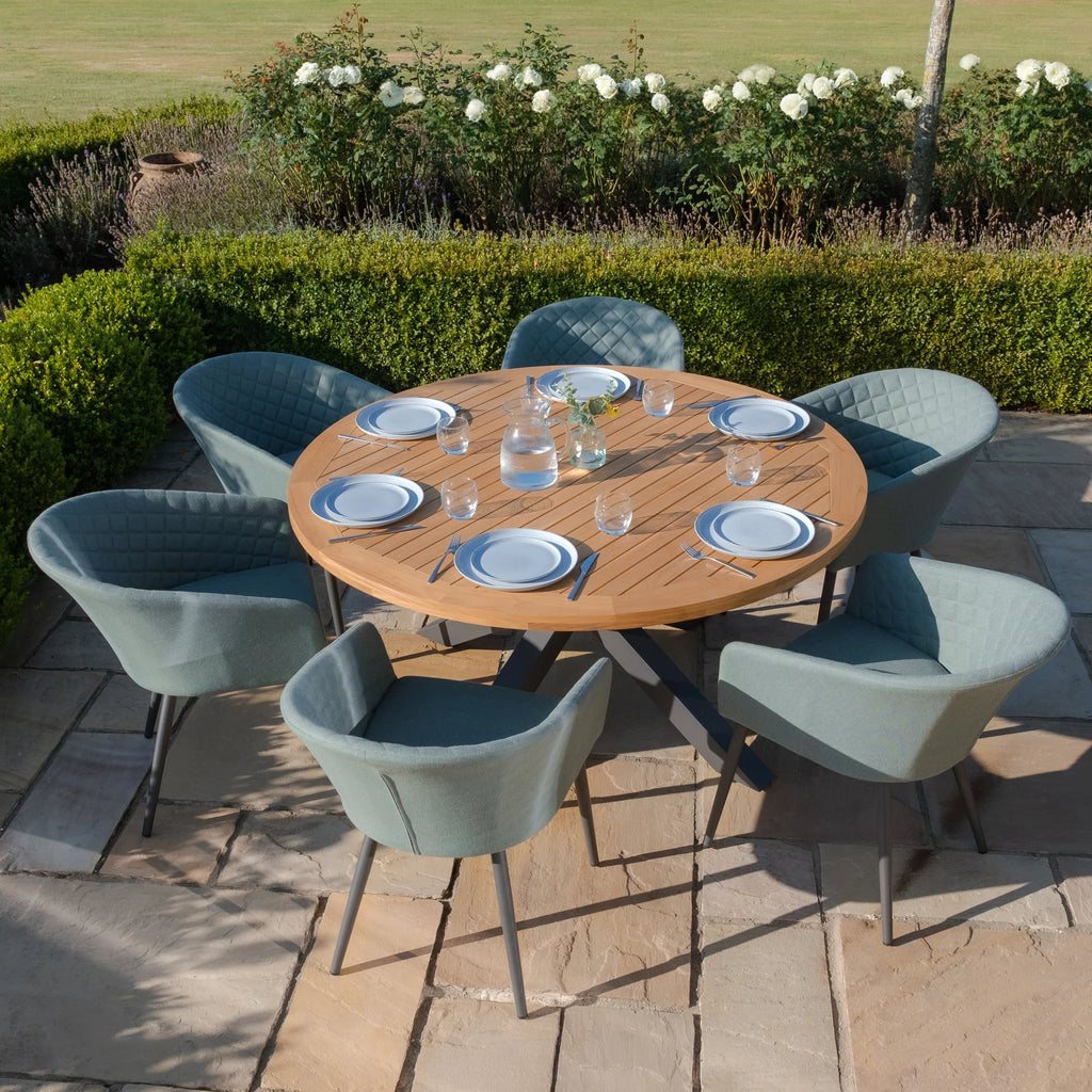 Maze - Jakarta Teak Round Dining Table with 6 Outdoor Fabric Ambition Oatmeal or Sage Green Dining Chairs