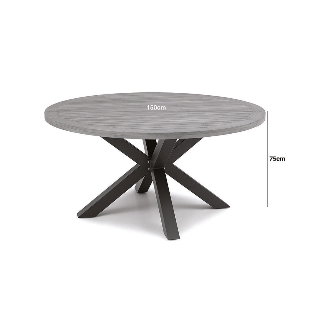 Maze - Jakarta Teak Round Dining Table with 6 Outdoor Fabric Ambition Oatmeal or Sage Green Dining Chairs