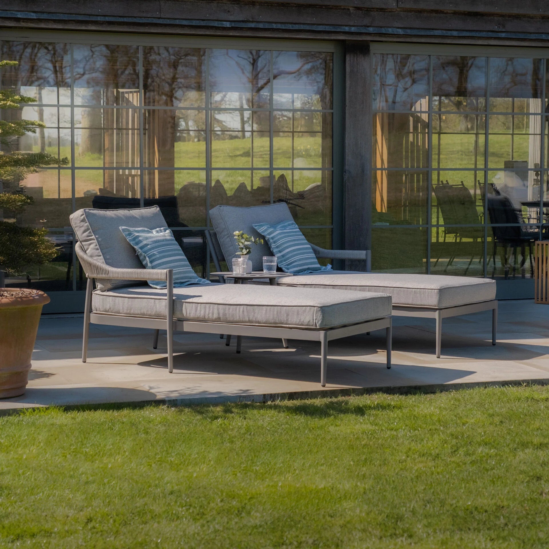 Maze - Florence Rope Weave Double Sunloungers with Round Coffee Table