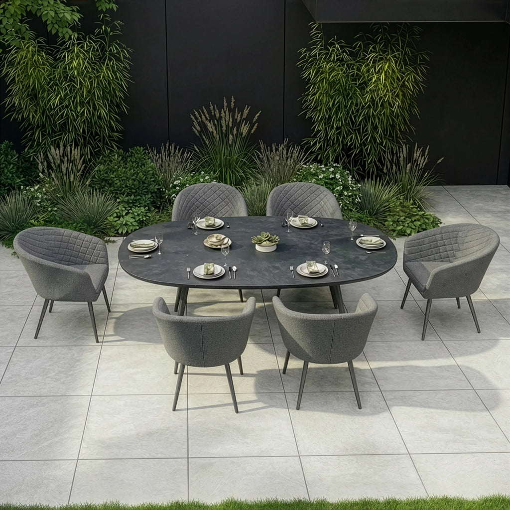 Maze - Outdoor Fabric Ambition 6 Seat Oval Dining Set - Oatmeal - Latte - Zink Grey - Flanelle