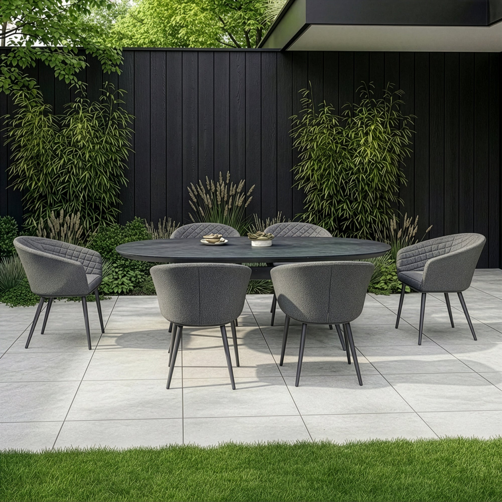 Maze - Outdoor Fabric Ambition 6 Seat Oval Dining Set - Oatmeal - Latte - Zink Grey - Flanelle