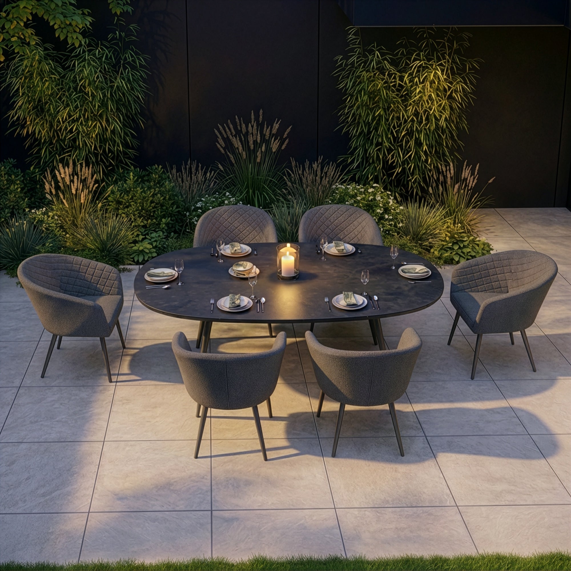 Maze - Outdoor Fabric Ambition 6 Seat Oval Dining Set - Oatmeal - Latte - Zink Grey - Flanelle