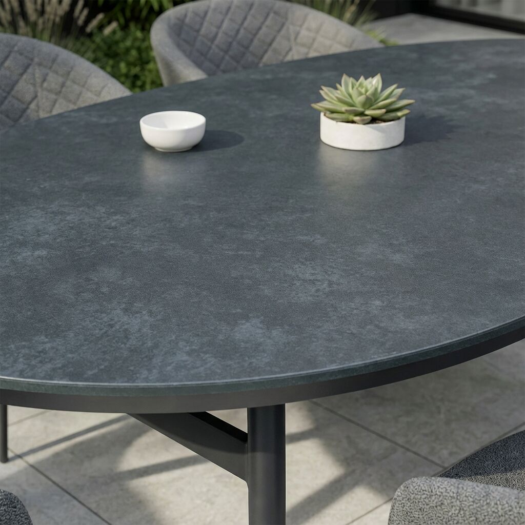 Maze - Outdoor Fabric Ambition 6 Seat Oval Dining Set - Oatmeal - Latte - Zink Grey - Flanelle