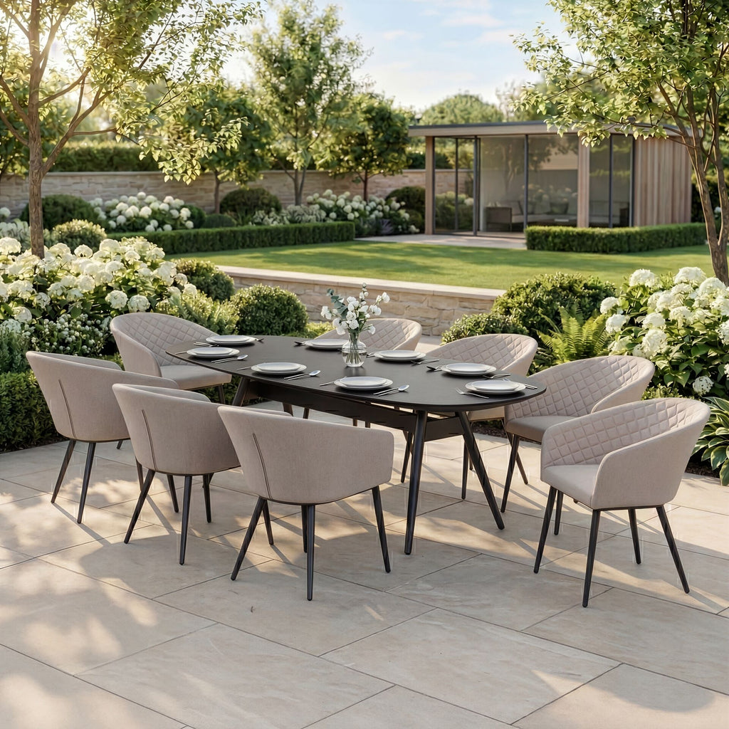 Maze - Outdoor Fabric Ambition 8 Seat Oval Dining Set - Oatmeal - Zink Grey - Latte