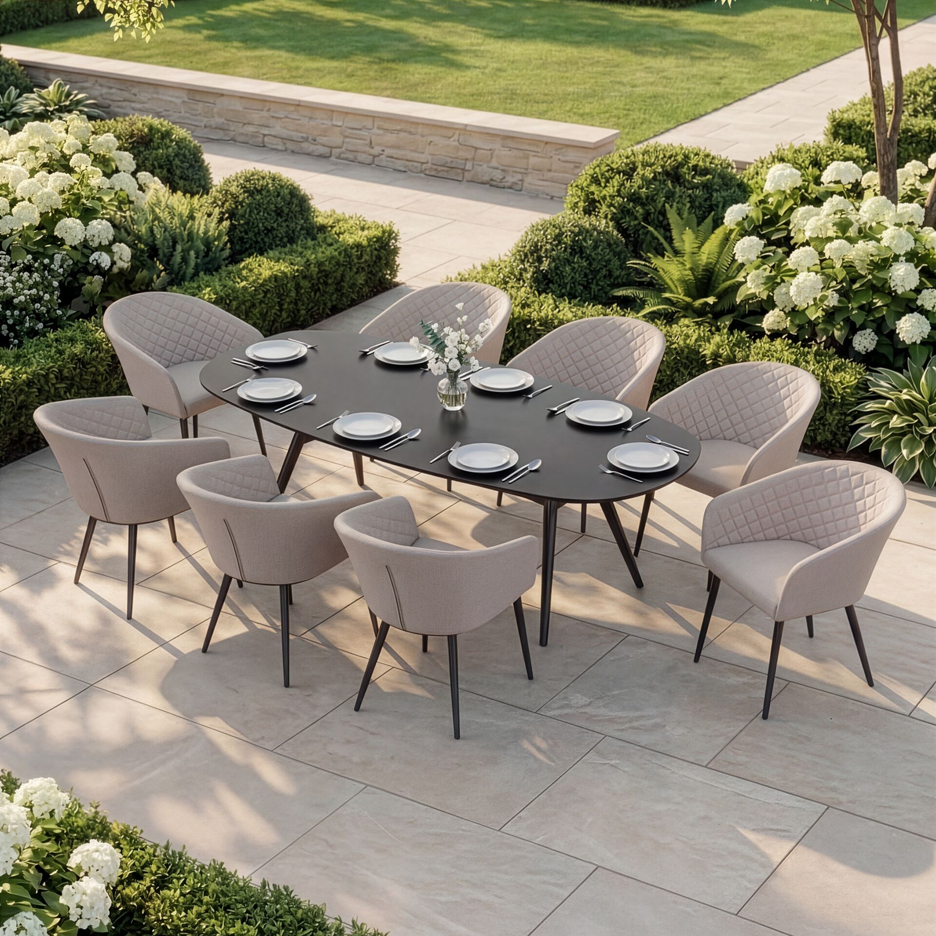 Maze - Outdoor Fabric Ambition 8 Seat Oval Dining Set - Oatmeal - Zink Grey - Latte