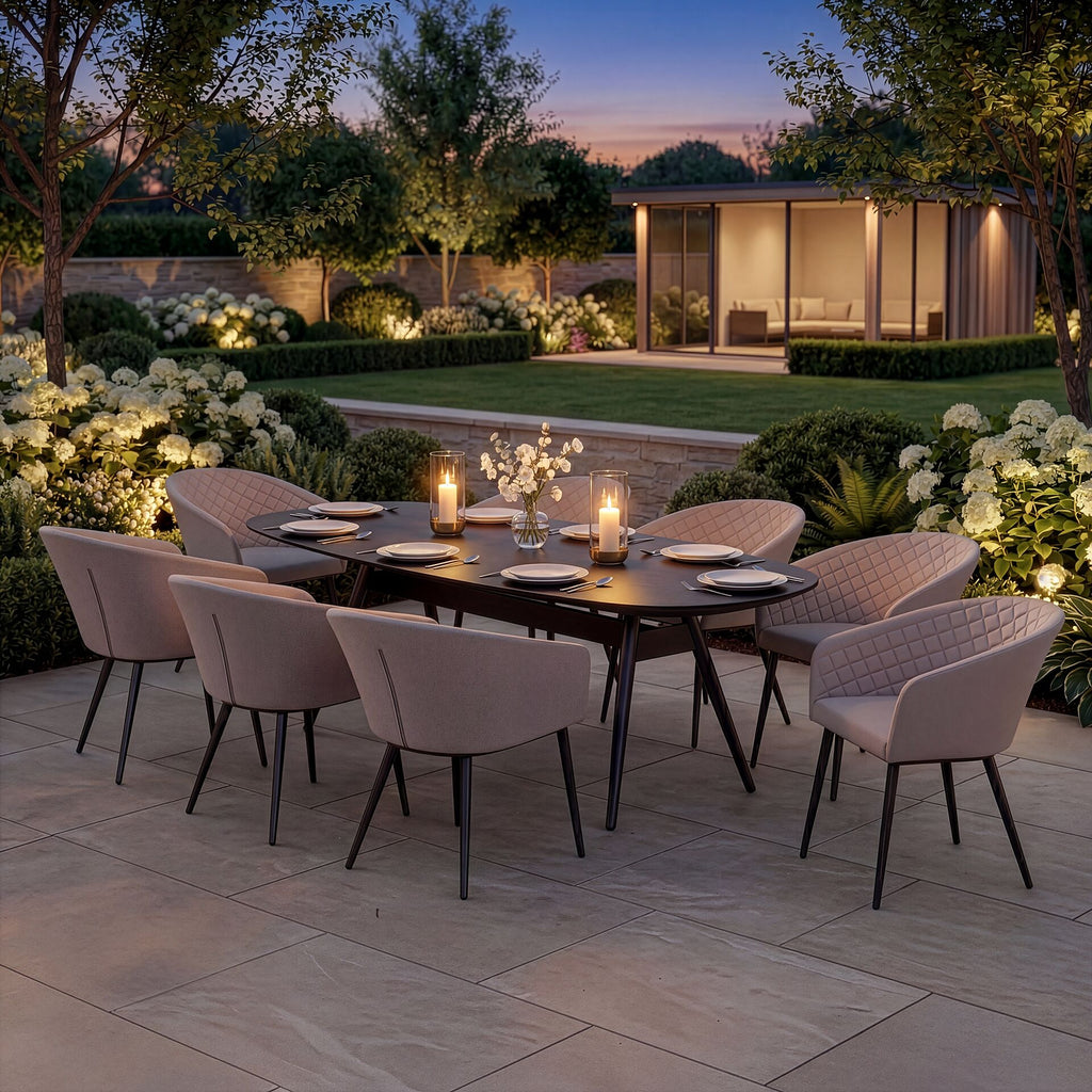 Maze - Outdoor Fabric Ambition 8 Seat Oval Dining Set - Oatmeal - Zink Grey - Latte