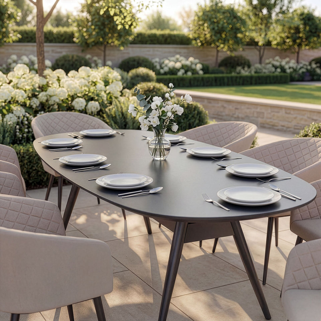 Maze - Outdoor Fabric Ambition 8 Seat Oval Dining Set - Oatmeal - Zink Grey - Latte