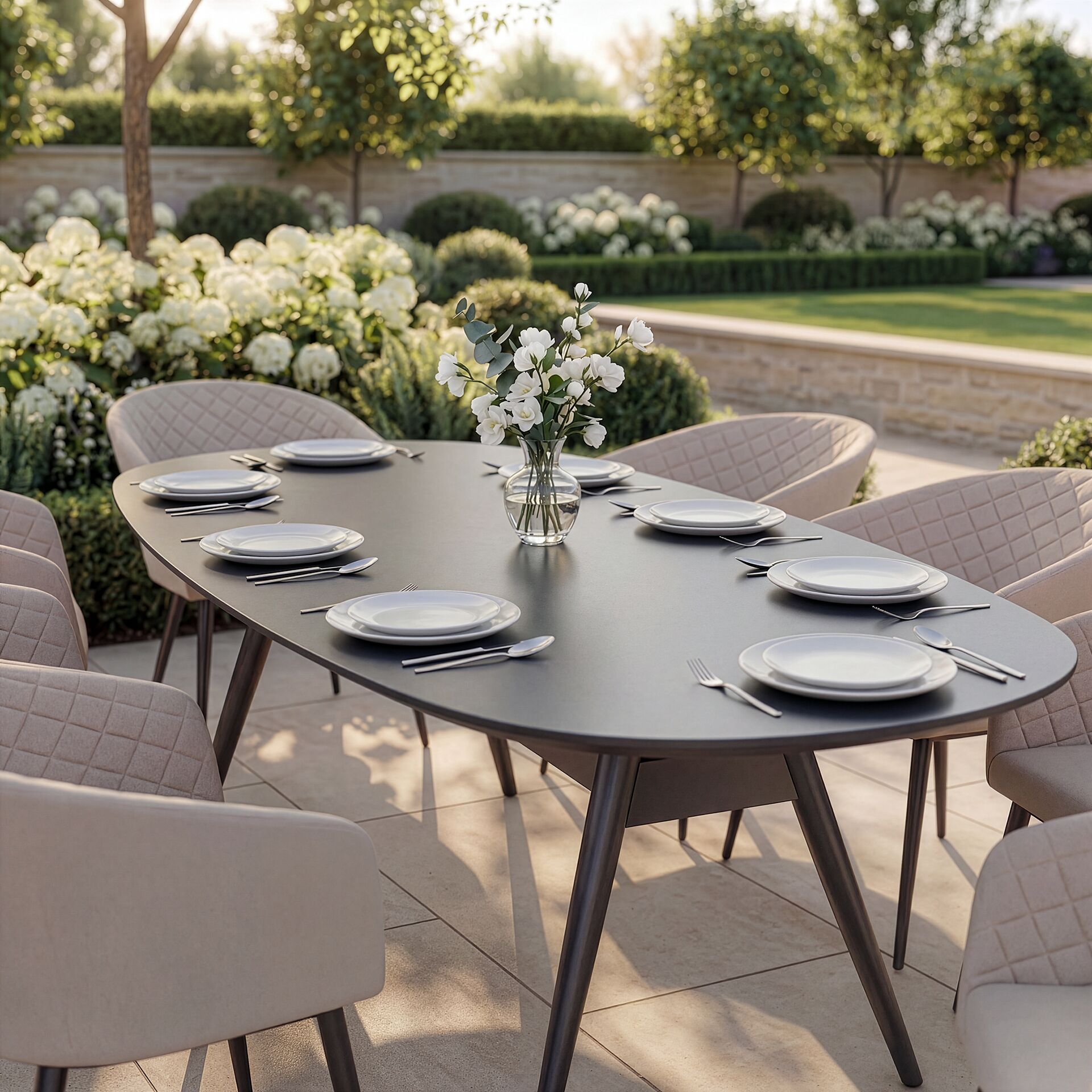 Maze - Outdoor Fabric Ambition 8 Seat Oval Dining Set - Oatmeal - Zink Grey - Latte