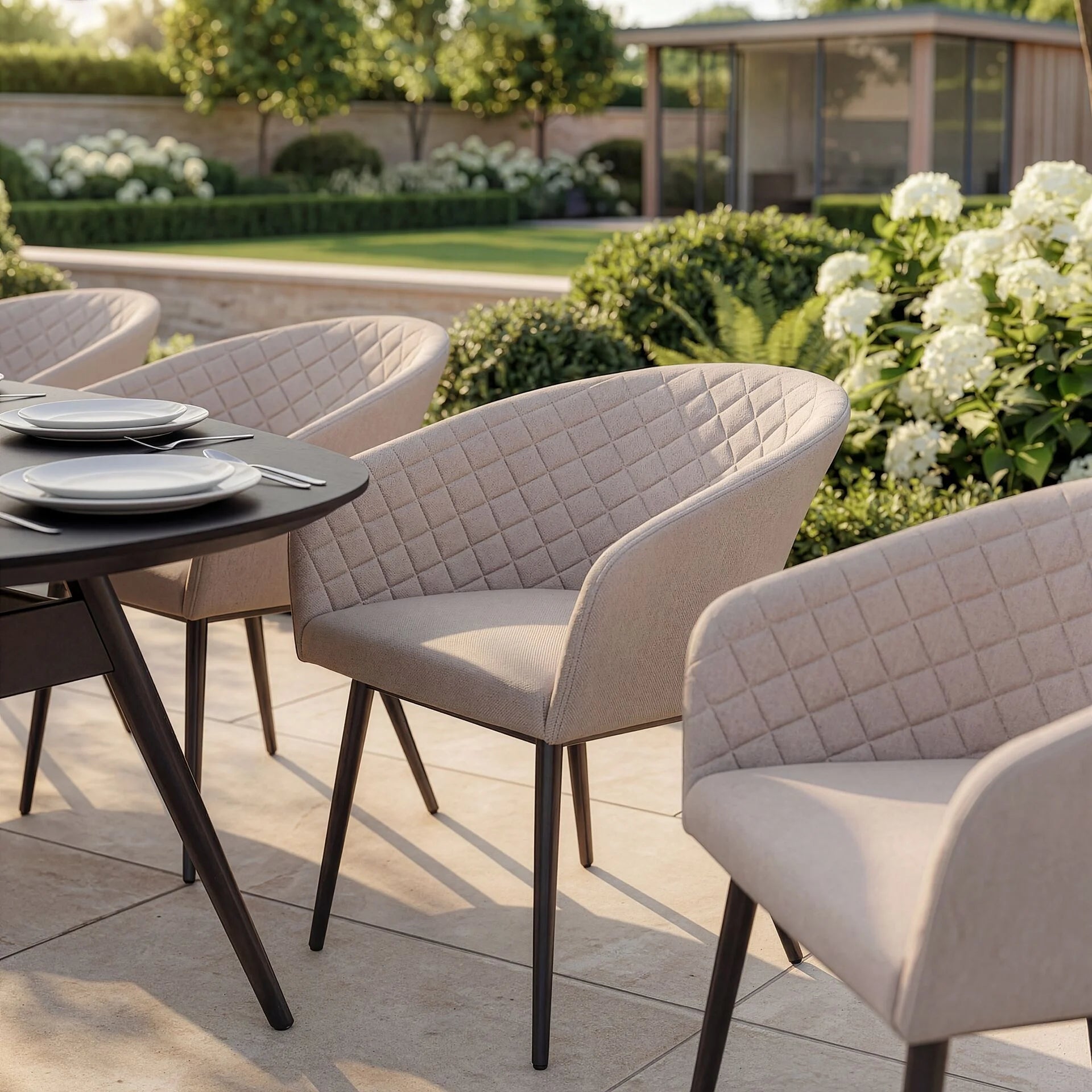 Maze - Outdoor Fabric Ambition 6 Seat Oval Dining Set - Oatmeal - Latte - Zink Grey - Flanelle