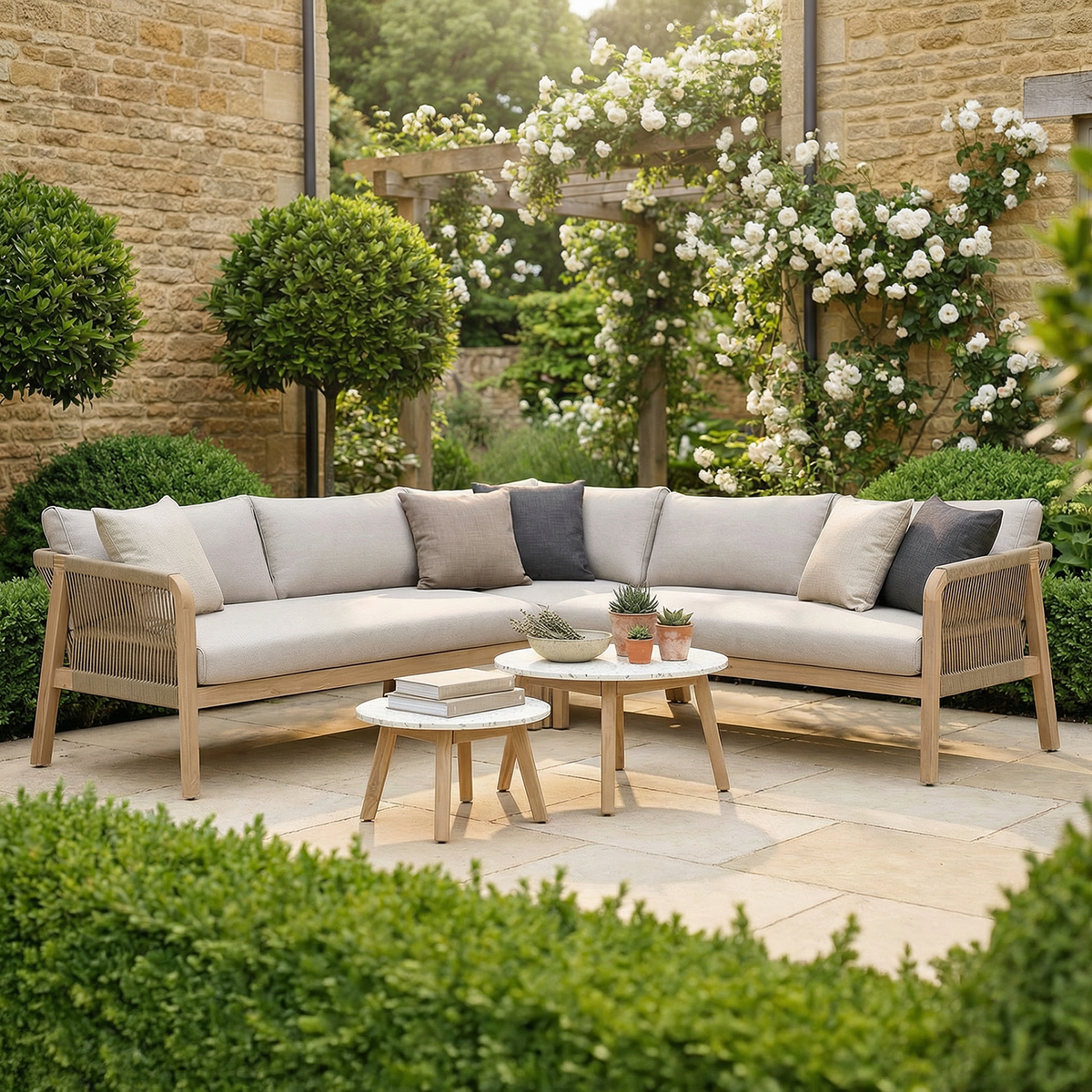 Maze - Antigua Rope Weave Corner Sofa Set with 2 Round Coffee Tables - Terrazzo