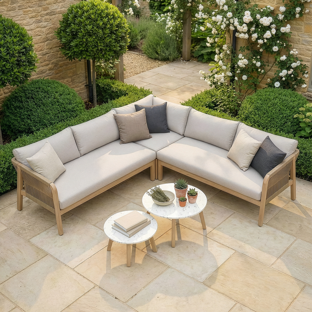 Maze - Antigua Rope Weave Corner Sofa Set with 2 Round Coffee Tables - Terrazzo