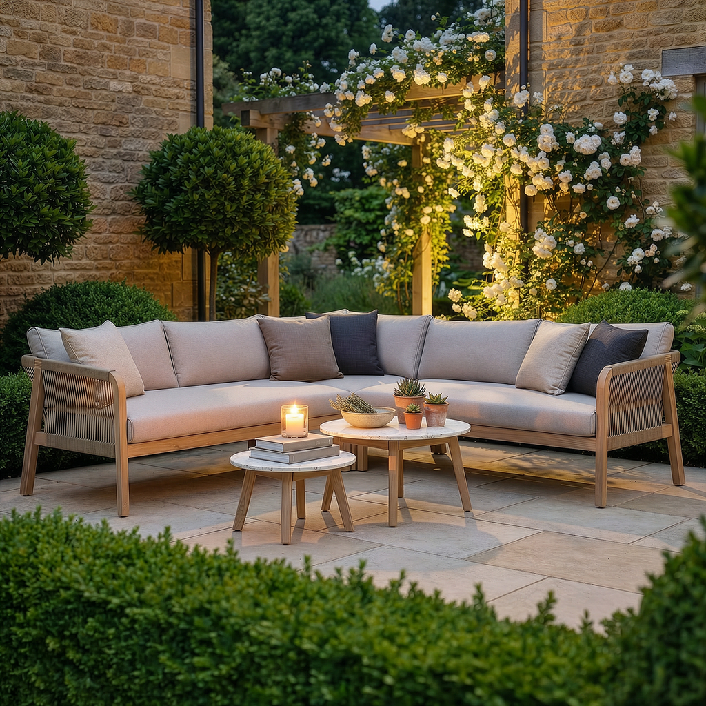 Maze - Antigua Rope Weave Corner Sofa Set with 2 Round Coffee Tables - Terrazzo
