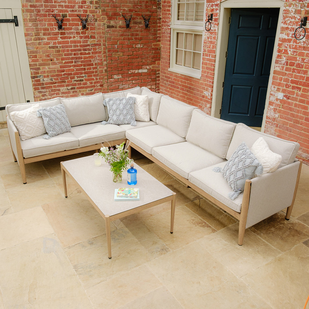 Maze Burford Furniture Large Aluminium Corner Sofa Set with Rectangular Coffee Table - Almond Outdoor Garden