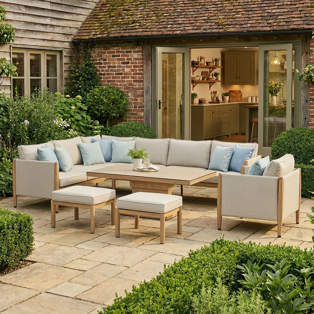 Maze Burford Furniture Large Aluminium Corner Dining Set with Rising Table, Footstools & Armchair - Almond Outdoor Garden