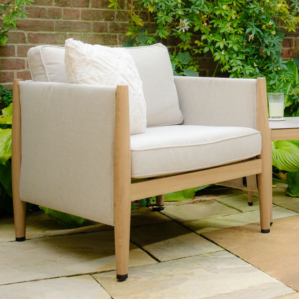 Maze Burford Furniture Large Aluminium Corner Dining Set with Rising Table, Footstools & Armchair - Almond Outdoor Garden