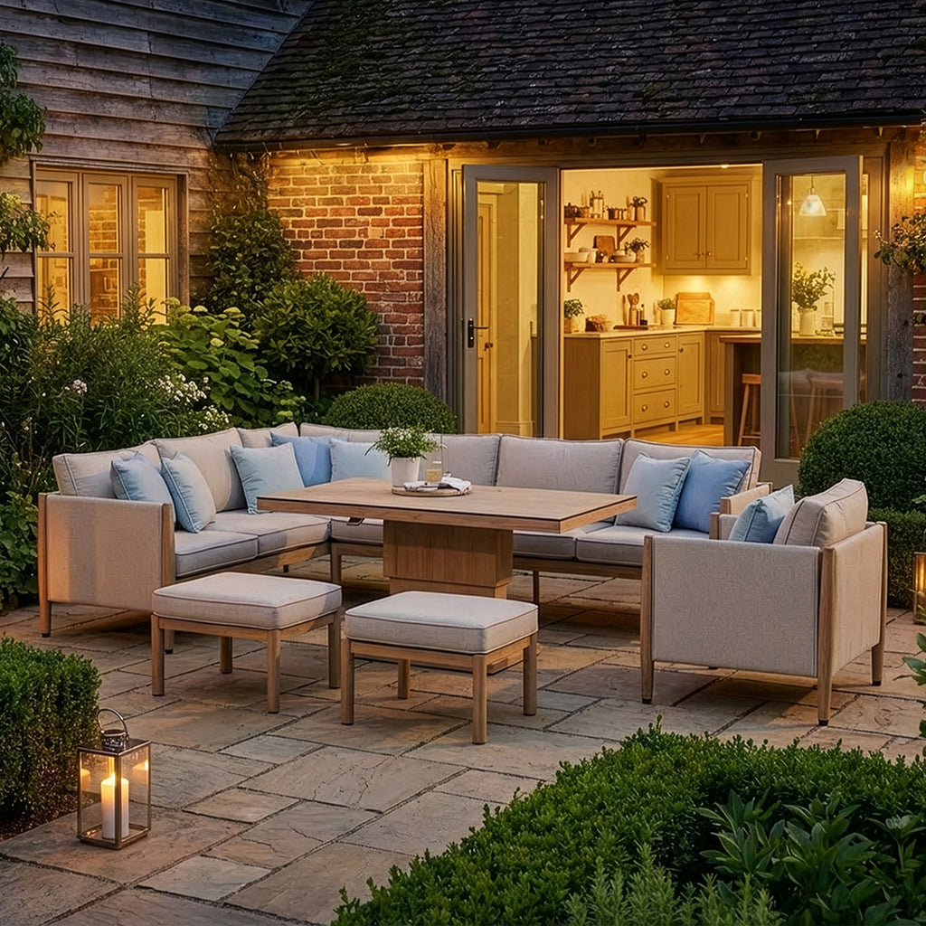 Maze Burford Furniture Large Aluminium Corner Dining Set with Rising Table, Footstools & Armchair - Almond Outdoor Garden