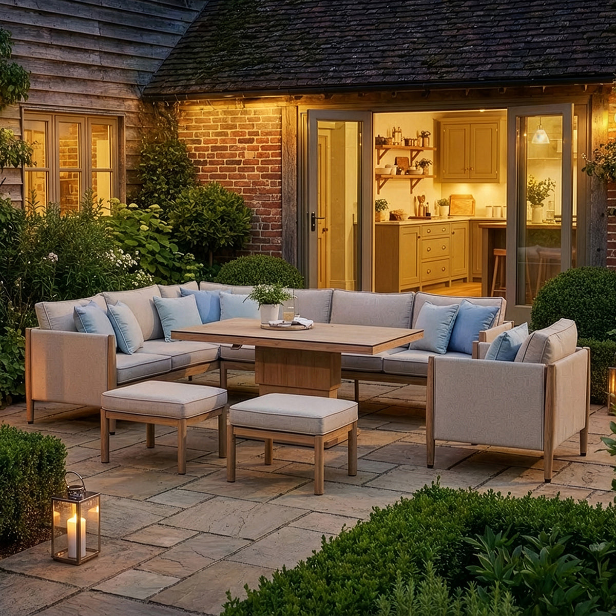Maze Burford Furniture Large Aluminium Corner Dining Set with Rising Table, Footstools & Armchair - Almond Outdoor Garden