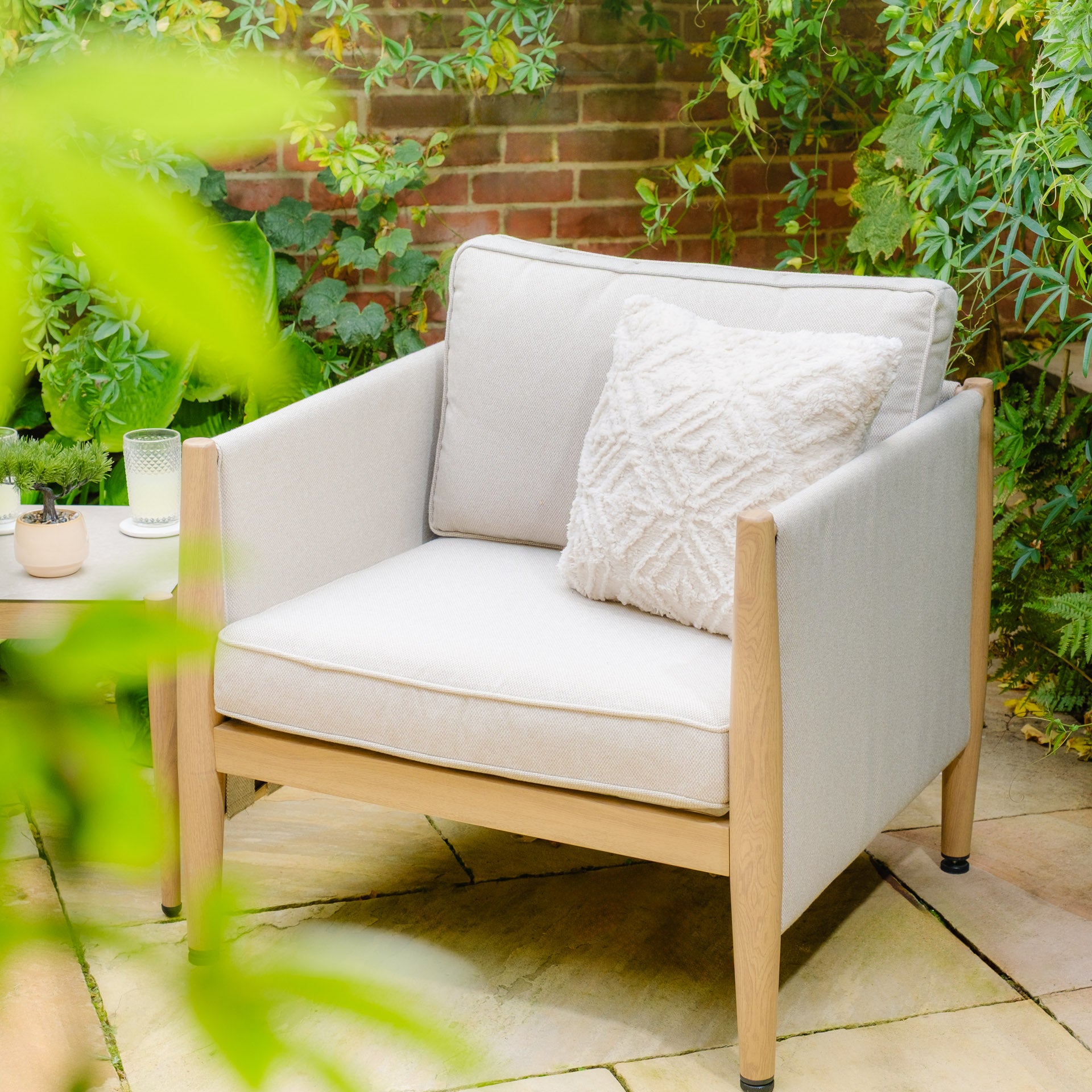 Maze Burford Furniture Large Aluminium Corner Dining Set with Rising Table, Footstools & Armchair - Almond Outdoor Garden
