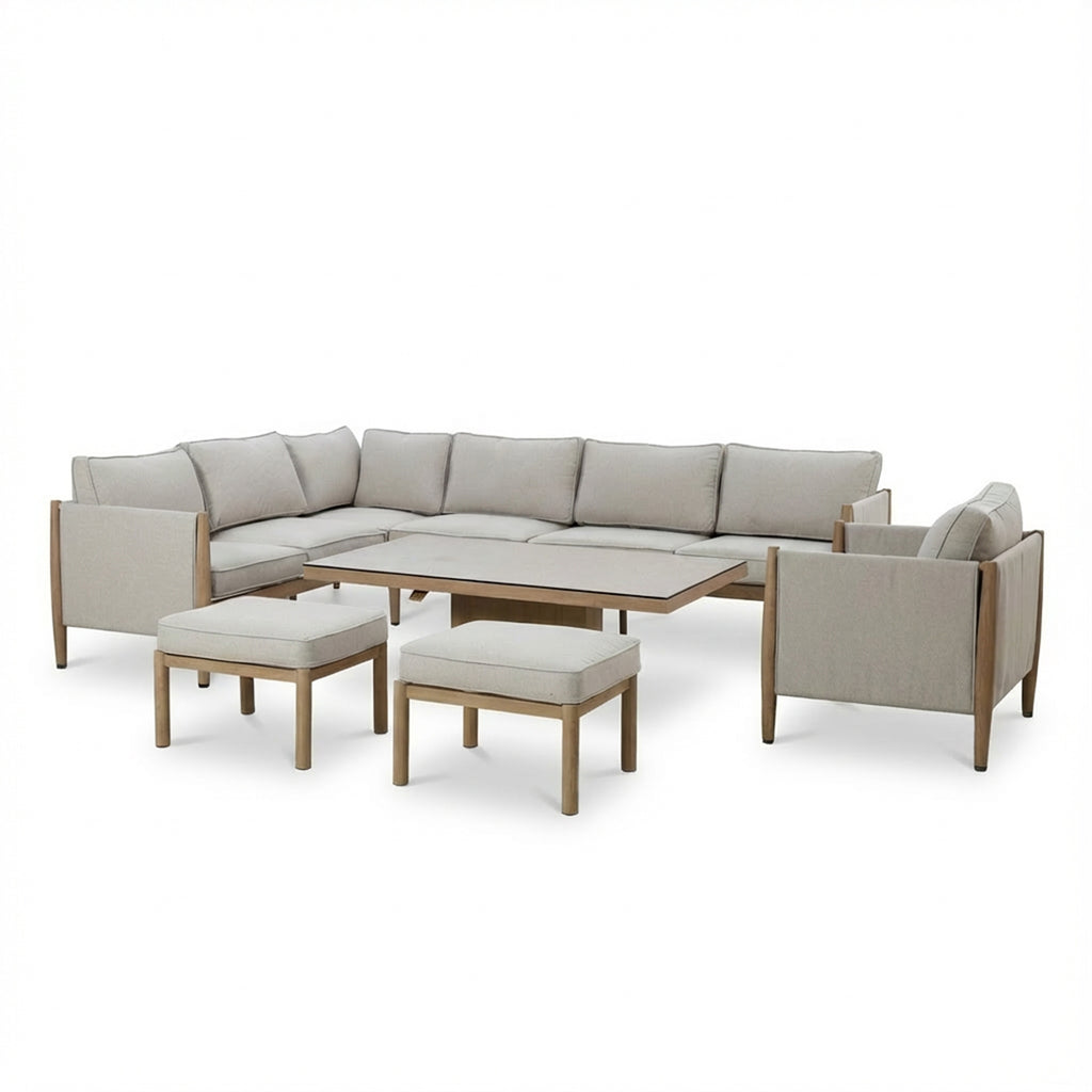 Maze Burford Furniture Large Aluminium Corner Dining Set with Rising Table, Footstools & Armchair - Almond Outdoor Garden