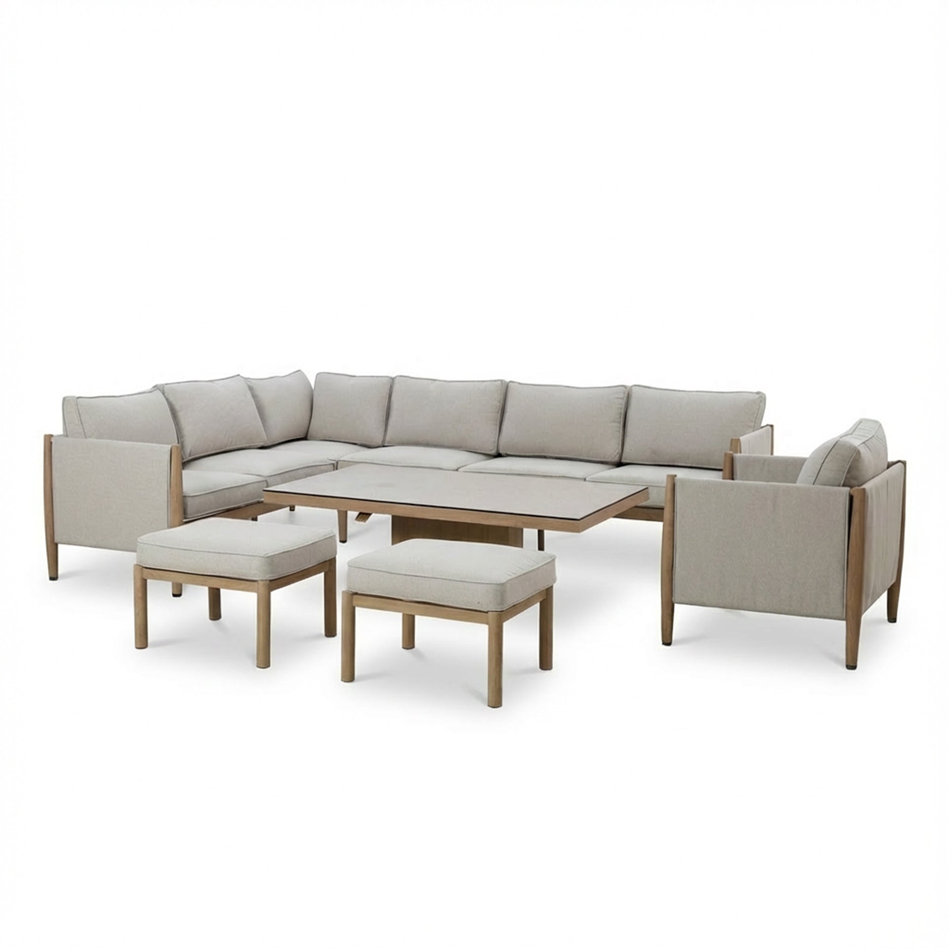 Maze Burford Furniture Large Aluminium Corner Dining Set with Rising Table, Footstools & Armchair - Almond Outdoor Garden