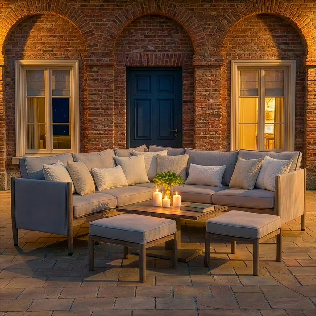 Maze Burford Furniture Small Aluminium Corner Dining Set with Square Rising Table - Almond Outdoor Garden