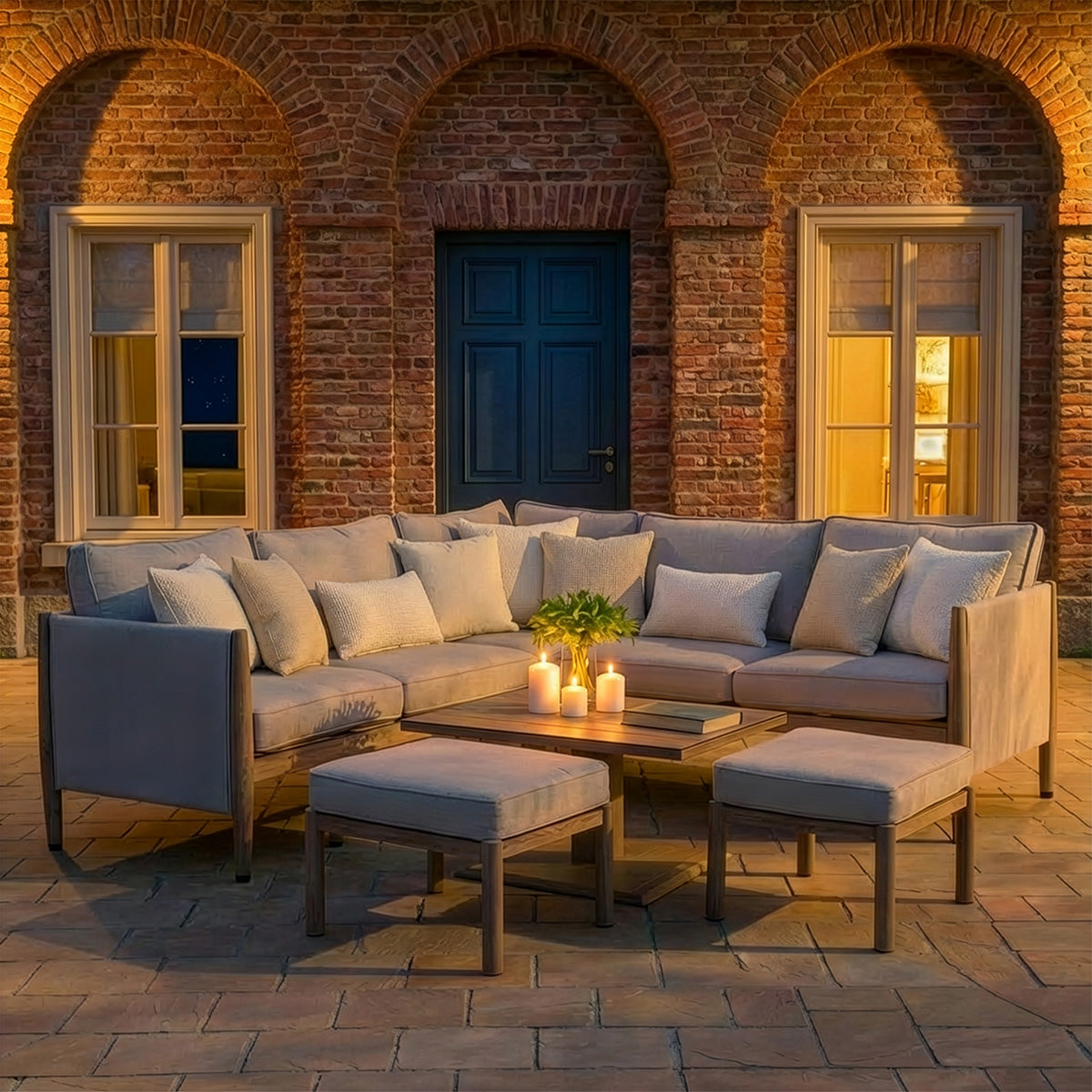 Maze Burford Furniture Small Aluminium Corner Dining Set with Square Rising Table - Almond Outdoor Garden