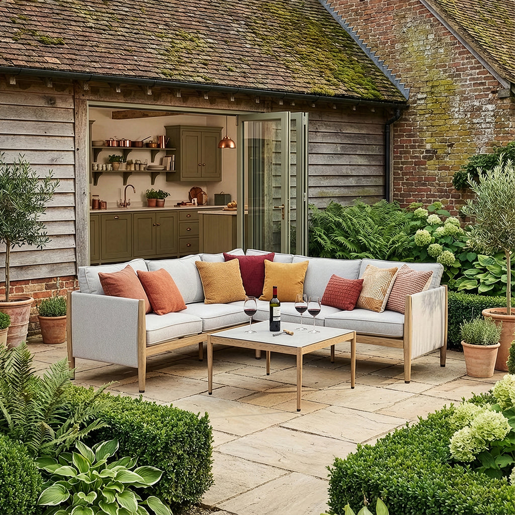 Maze Burford Furniture Small Aluminium Corner Sofa Set with Square Coffee Table - Almond Outdoor Garden