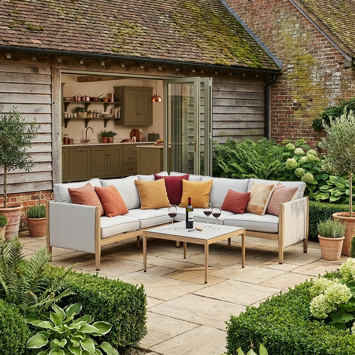 Maze Burford Furniture Small Aluminium Corner Sofa Set with Square Coffee Table - Almond Outdoor Garden