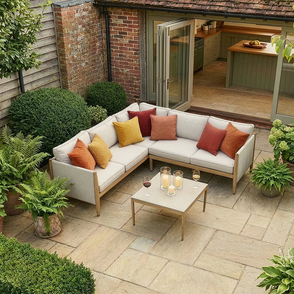 Maze Burford Furniture Small Aluminium Corner Sofa Set with Square Coffee Table - Almond Outdoor Garden
