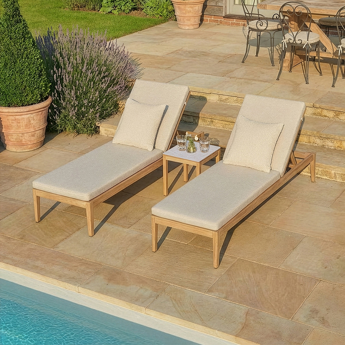 Maze Burford Furniture Aluminium Sunlounger Set with Square Side Table - Almond Outdoor Garden