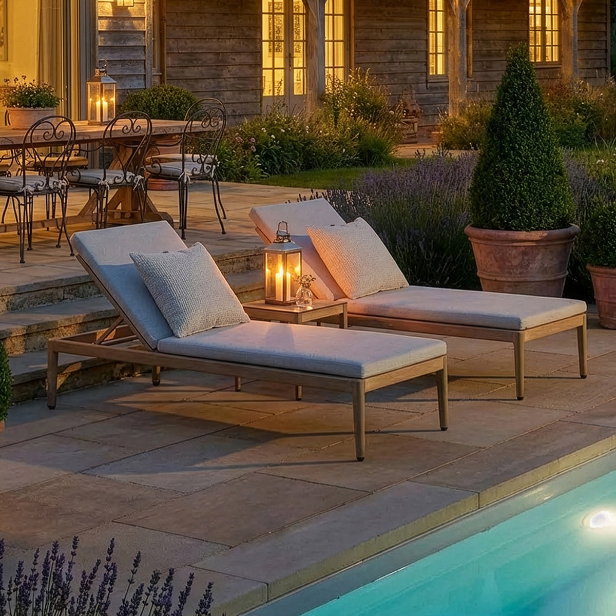 Maze Burford Furniture Aluminium Sunlounger Set with Square Side Table - Almond Outdoor Garden