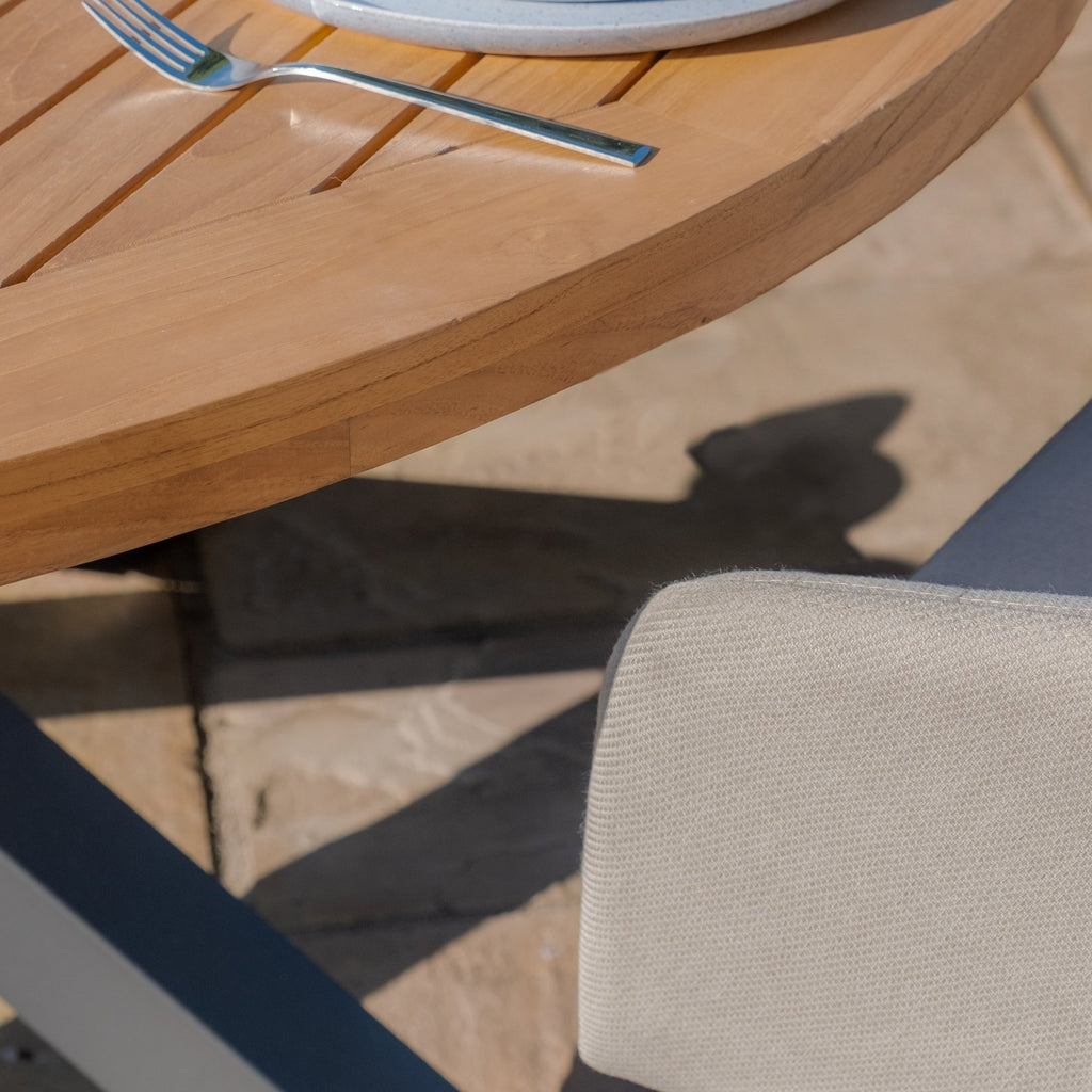 Maze - Jakarta Teak Round Dining Table with 6 Outdoor Fabric Ambition Oatmeal or Sage Green Dining Chairs