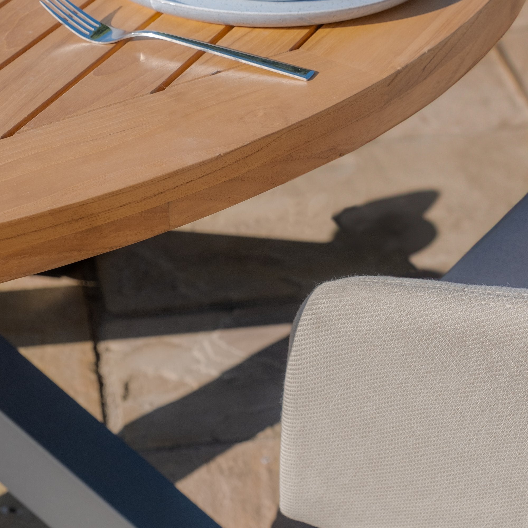 Maze - Jakarta Teak Round Dining Table with 6 Outdoor Fabric Ambition Oatmeal or Sage Green Dining Chairs